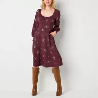 a.n.a Womens Long Sleeve Floral Midi A-Line Dress