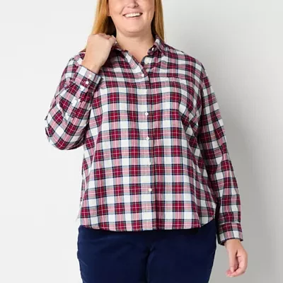 St. John's Bay Plus Womens Long Sleeve Relaxed Fit Button-Down Shirt