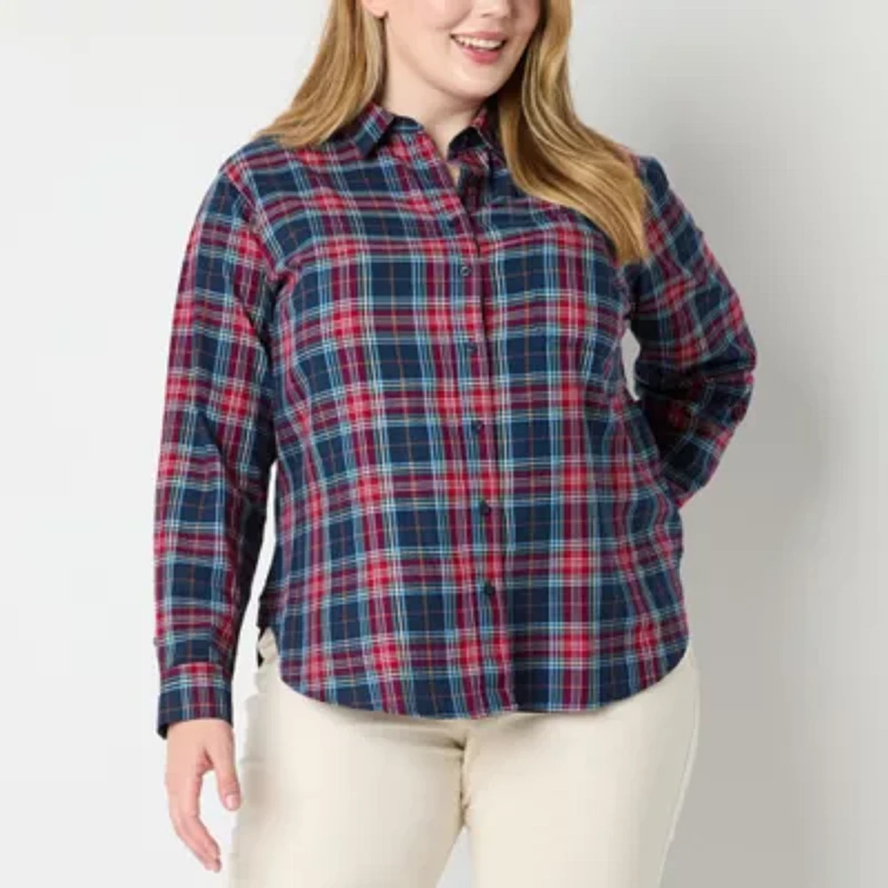 St. John's Bay Plus Womens Long Sleeve Relaxed Fit Button-Down Shirt