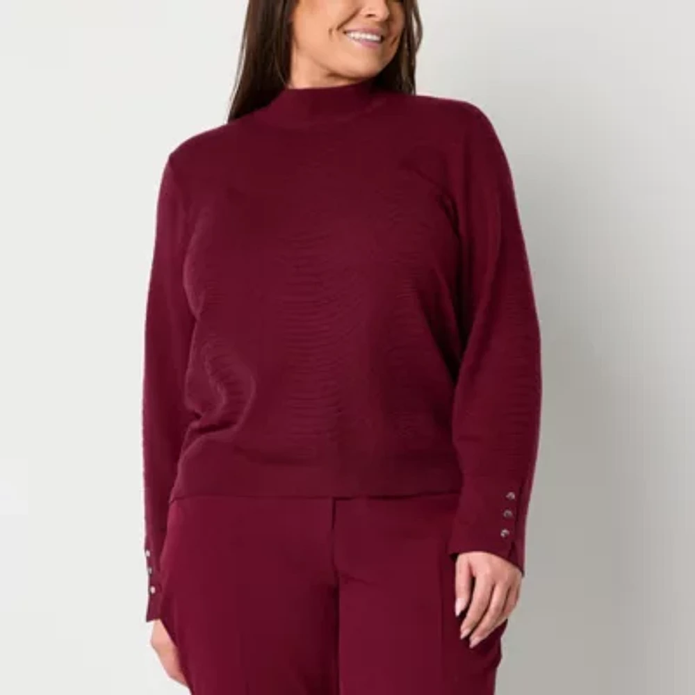 Liz Claiborne Plus Womens Mock Neck Long Sleeve Pullover Sweater