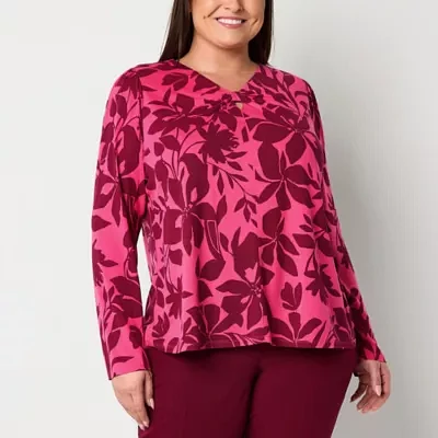 Liz Claiborne Plus Womens Keyhole Neck Long Sleeve Blouse