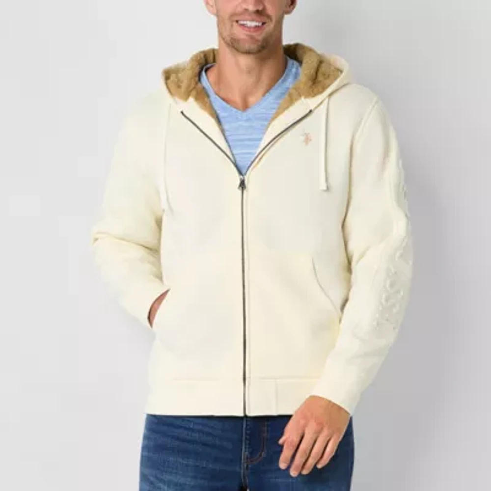 U.S. Polo Assn. Sherpa Wordmark Mens Long Sleeve Embroidered Lined Zipper Hoodie