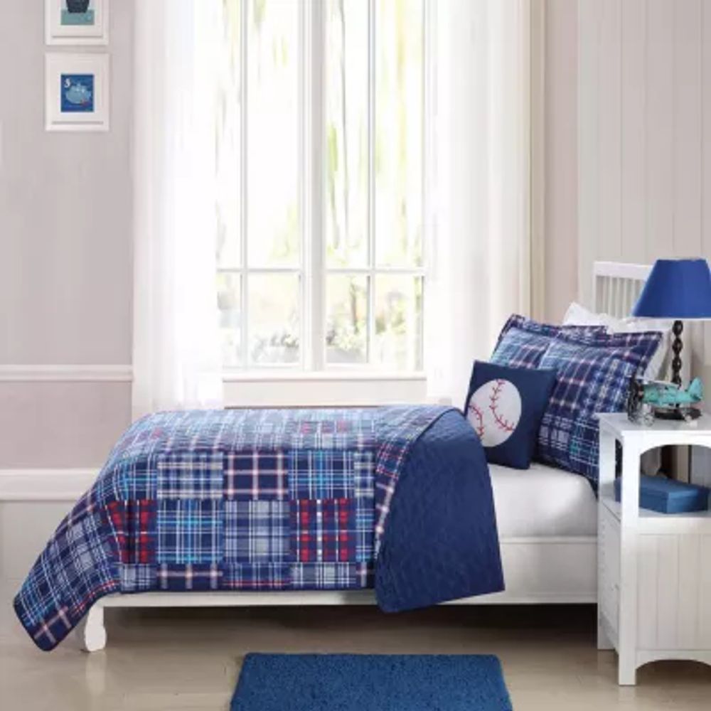 Laura Hart Kids Navy Plaid Patch Quilt Set With Decorative Pillow