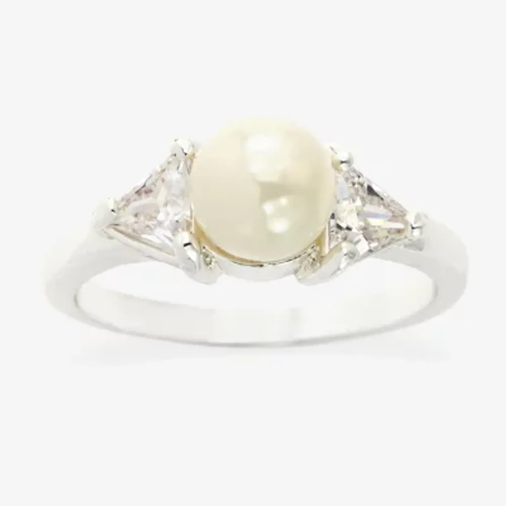 Sparkle Allure Simulated Pearl Pure Silver Over Brass Cocktail Ring