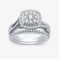 I Said Yes (H-I / I1) Womens 3/4 CT. T.W. Lab Grown White Diamond Sterling Silver Cushion Side Stone Halo Bridal Set