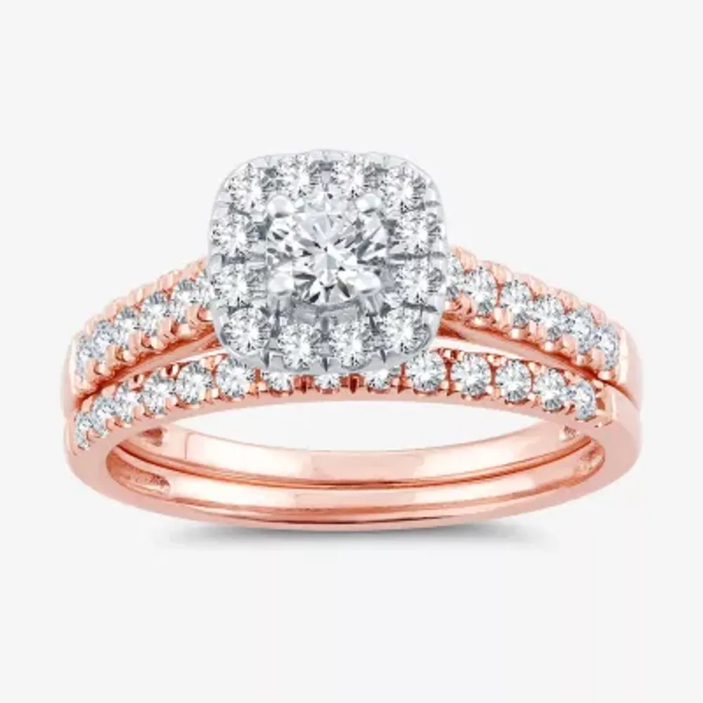 1 CT.T.W. Natural Diamond Cushion Halo Bridal Set 10K or 14K Gold