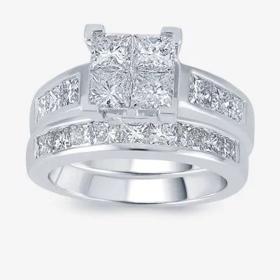 3 CT.T.W. Natural Diamond 14K White Gold Quad Princess Bridal Ring Set