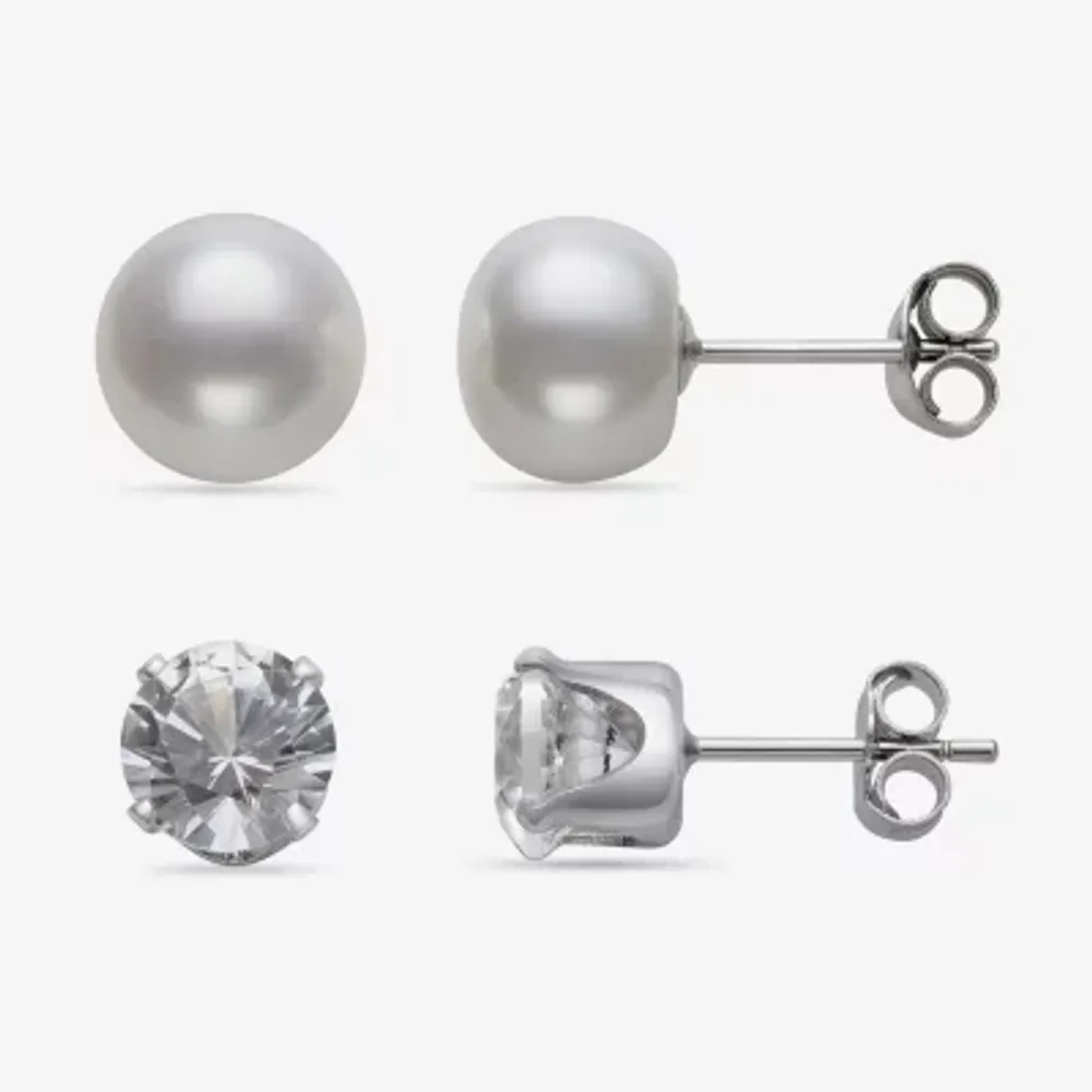 LIMITED TIME SPECIAL! Lab Created White Sapphire and Cultured Freshwater Pearl 2 Pair Stud Earring Set in Sterling Silver