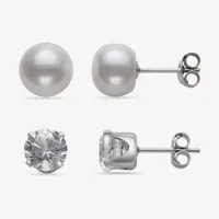 YES PLEASE! Lab Created White Sapphire and Cultured Freshwater Pearl 2 Pair Stud Earring Set in Sterling Silver