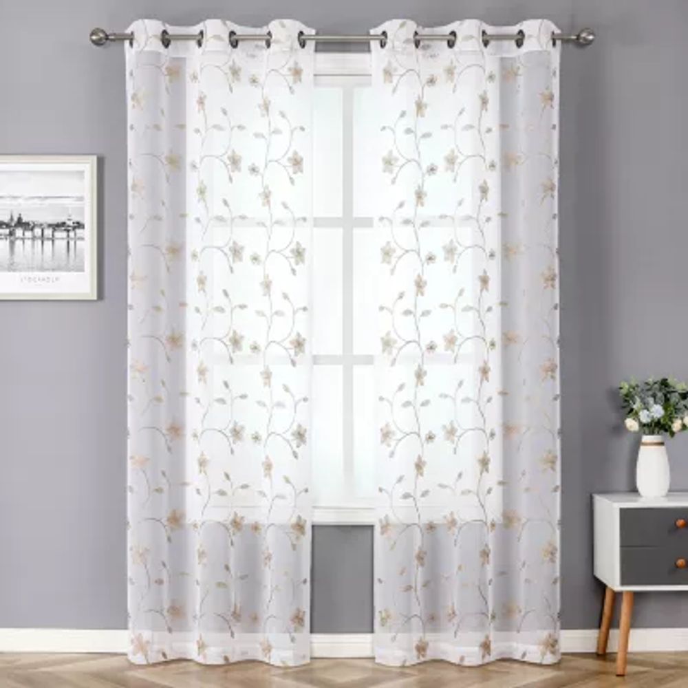 Regal Home Liam Embroidered Sheer Grommet Top Set of 2 Curtain Panel