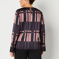 Liz Claiborne Womens Round Neck Long Sleeve Satin Blouse