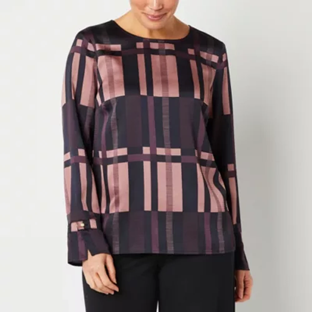 Liz Claiborne Womens Round Neck Long Sleeve Satin Blouse