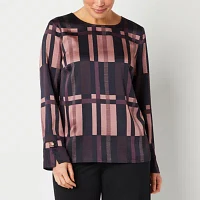 Liz Claiborne Womens Round Neck Long Sleeve Satin Blouse