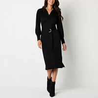 Maia Womens Long Sleeve Belted Midi Sweater Dress