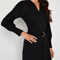 Maia Womens Long Sleeve Belted Midi Sweater Dress