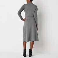 Maia Womens Long Sleeve Belted Midi Sweater Dress