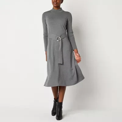 Maia Womens Long Sleeve Belted Midi Sweater Dress