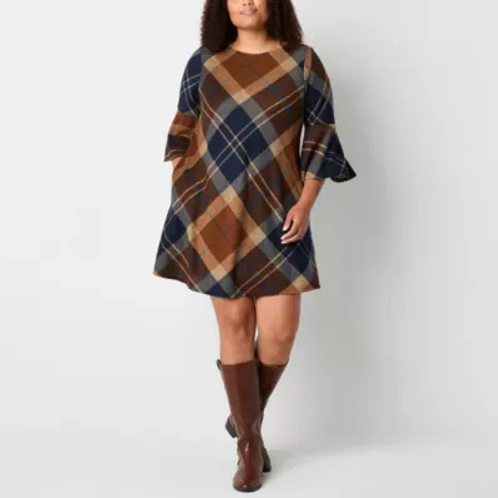 Jessica Howard Womens 3/4 Sleeve Plaid Shift Dress Plus