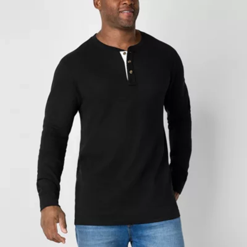 St. John's Bay Waffle Big and Tall Mens Long Sleeve Easy-on + Easy-off Adaptive Regular Fit Henley Shirt