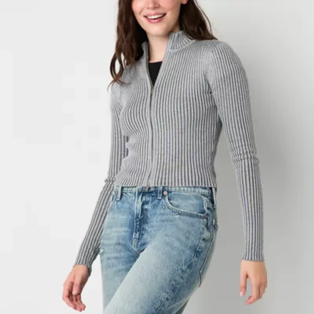 Arizona Juniors Womens Mock Neck Long Sleeve Zipper Cardigan