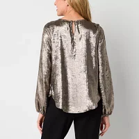 Liz Claiborne Womens Round Neck Long Sleeve Satin Blouse