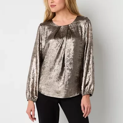Liz Claiborne Womens Round Neck Long Sleeve Satin Blouse