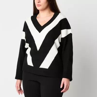 Worthington Womens V Neck Long Sleeve Chevron Pullover Sweater