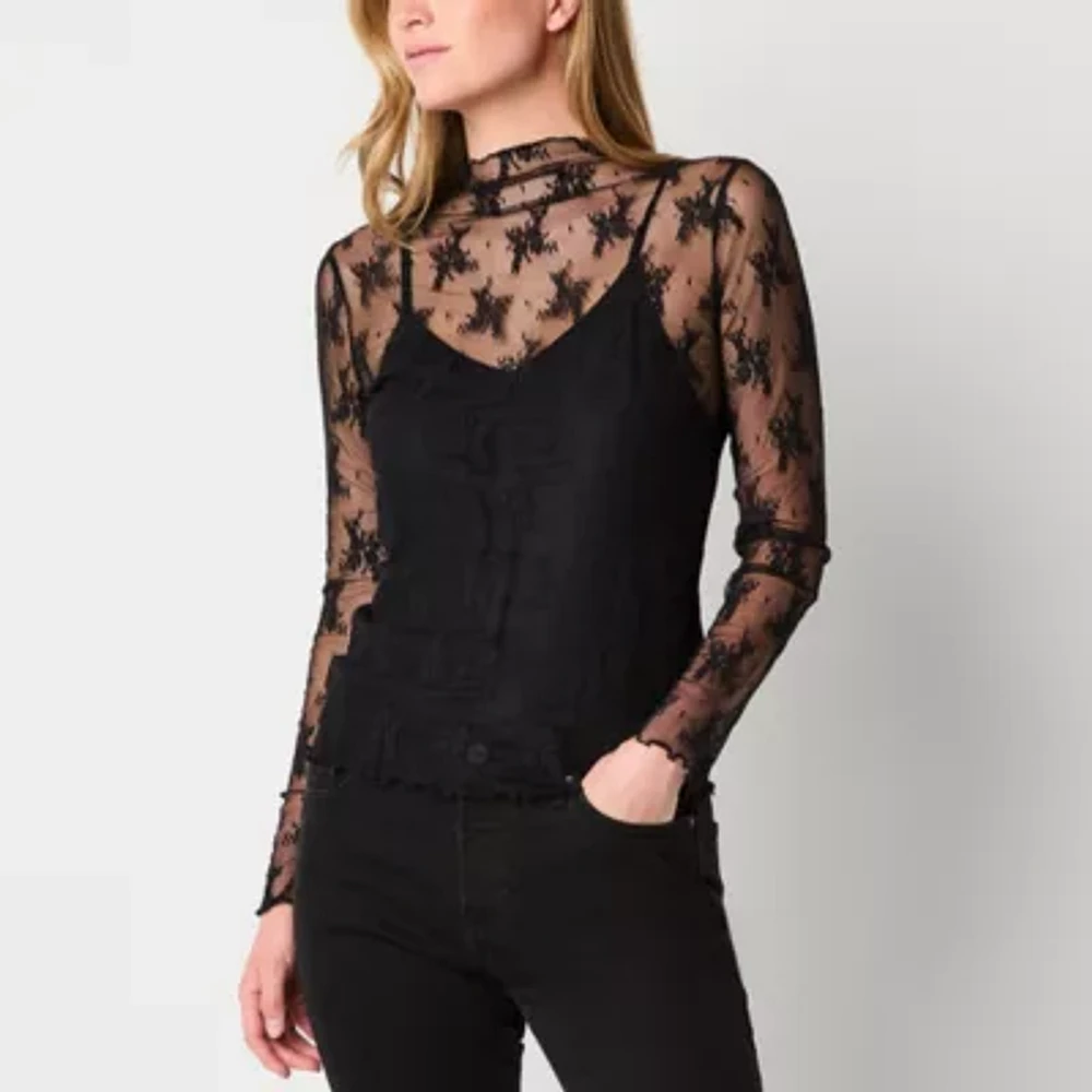 a.n.a Sheer Womens Mock Neck Long Sleeve Lace Blouse