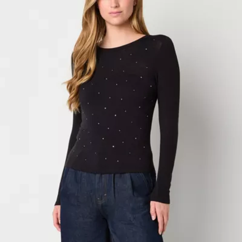 a.n.a Embellished Womens Crew Neck Long Sleeve T-Shirt