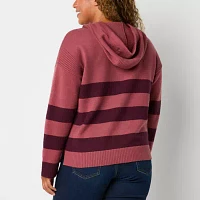 Liz Claiborne Womens Hooded Long Sleeve Striped Pullover Sweater