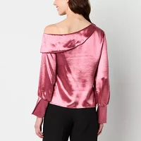 Worthington Womens Asymmetrical Neck Long Sleeve Satin Blouse