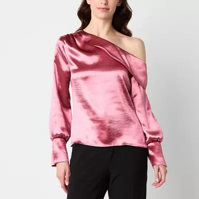 Worthington Womens Asymmetrical Neck Long Sleeve Satin Blouse