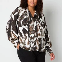 Worthington Plus Womens V Neck Long Sleeve Satin Blouse