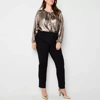 Liz Claiborne Plus Womens Crew Neck Long Sleeve Satin Blouse