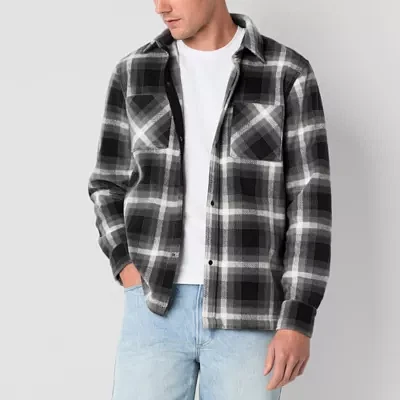 Arizona Mens Long Sleeve Plaid Button-Down Fleece Shirt Jacket