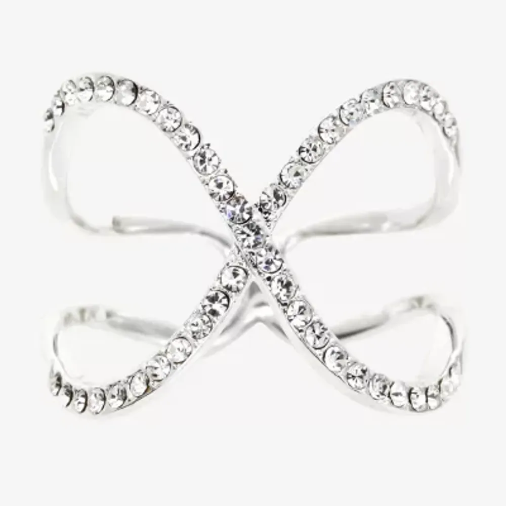 Sparkle Allure Crystal Pure Silver Over Brass Crossover Cocktail Ring