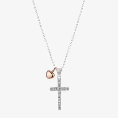 Footnotes Faith Cubic Zirconia Sterling Silver 16 Inch Cable Cross Heart Pendant Necklace