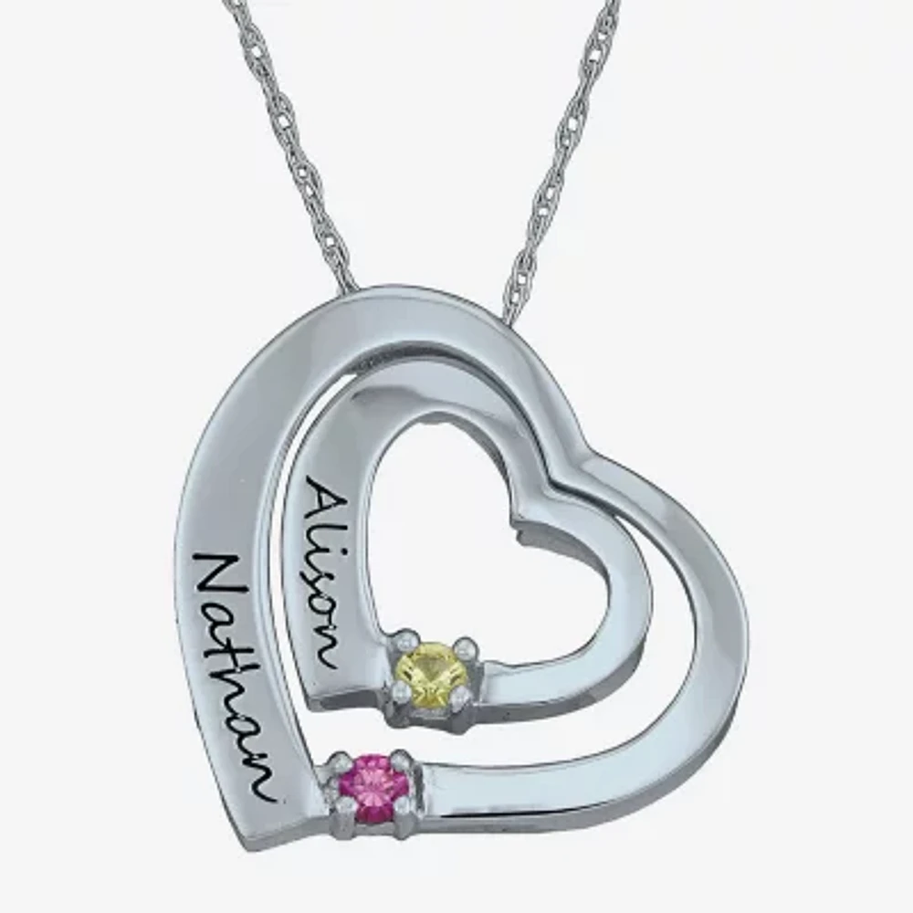 Personalized Simulated Birthstone Engraved Double Heart Pendant Necklace