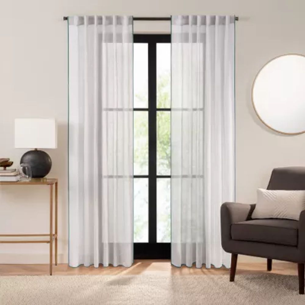Fieldcrest Luxury Linen Border Stripe Rod Pocket Back Tab Sheer Single Curtain Panel