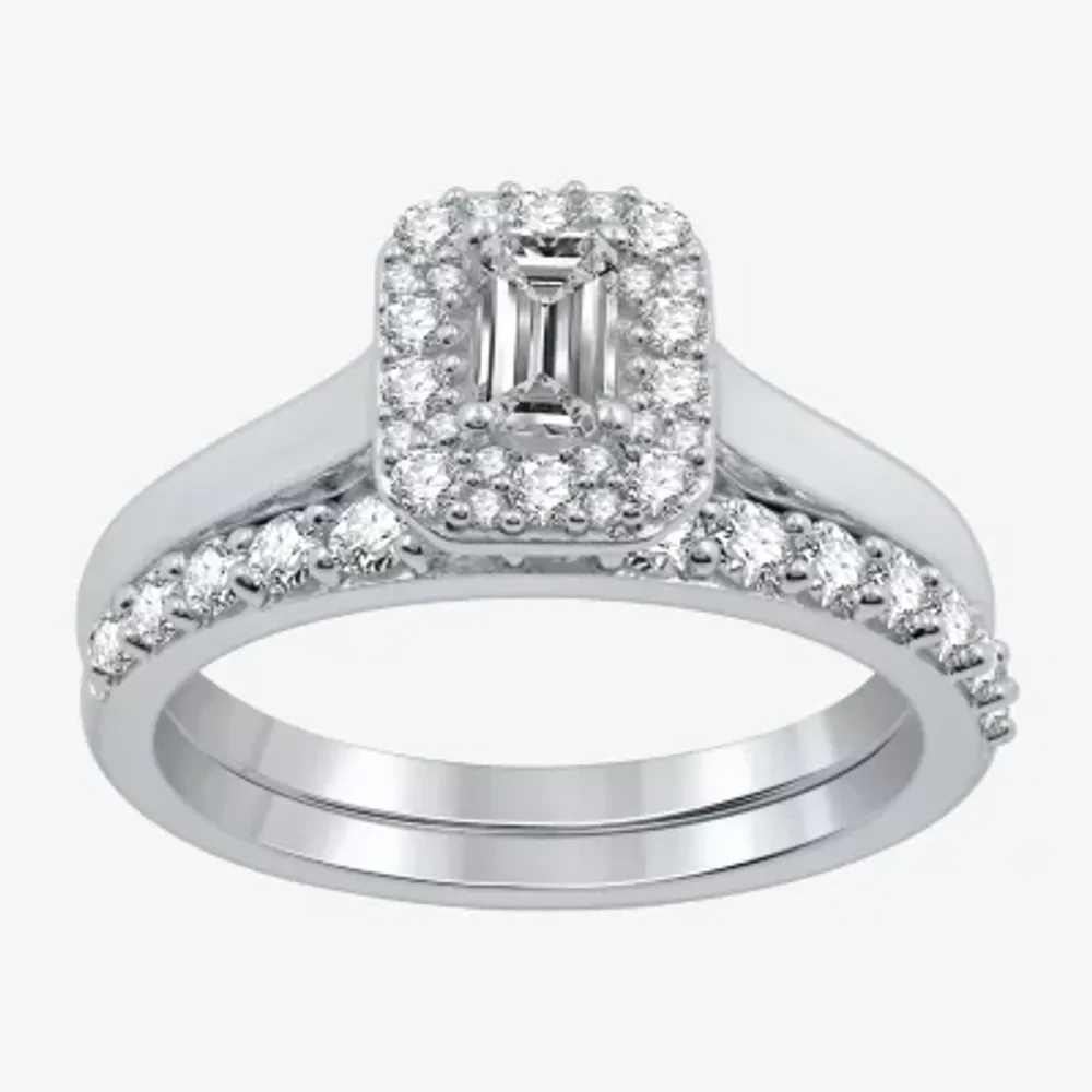 I Said Yes (H-I / I1) Womens 1 CT. T.W. Lab Grown White Diamond Sterling Silver Side Stone Halo Bridal Set