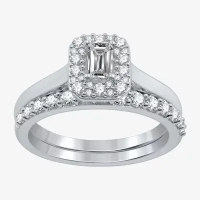 I Said Yes (H-I / I1) Womens 1 CT. T.W. Lab Grown White Diamond Sterling Silver Side Stone Halo Bridal Set