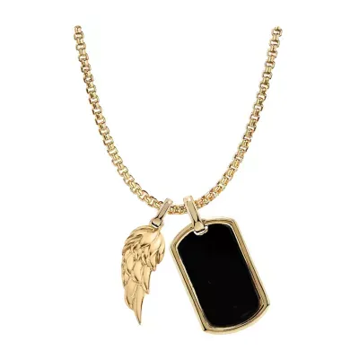 Mens Simulated Black Onyx Stainless Steel Wing Pendant Necklace