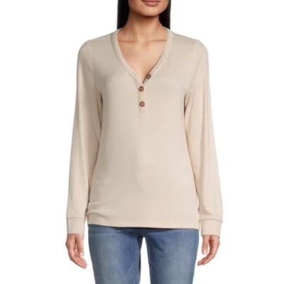 St. John's Bay Womens Y Neck Long Sleeve Henley Shirt