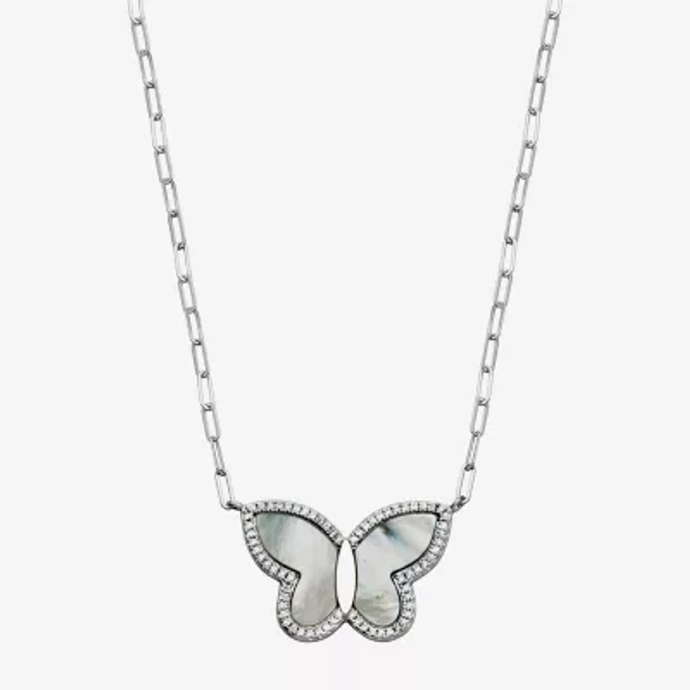 Womens 2 CT. T.W. White Mother Of Pearl Sterling Silver Butterfly Pendant Necklace