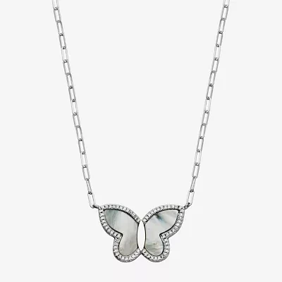 Womens 2 CT. T.W. White Mother Of Pearl Sterling Silver Butterfly Pendant Necklace