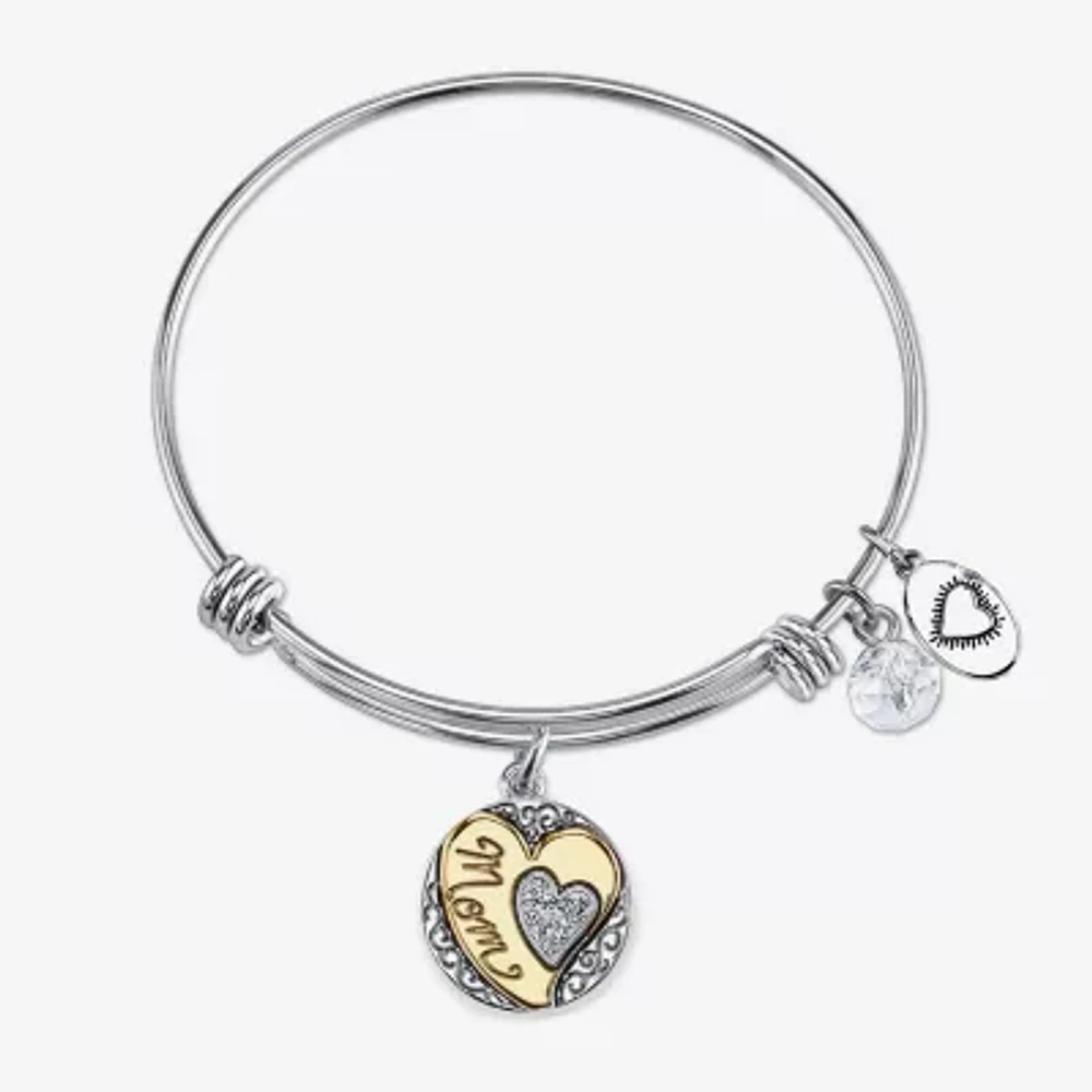 Footnotes Mom Womens Crystal Stainless Steel Heart Bangle Bracelet