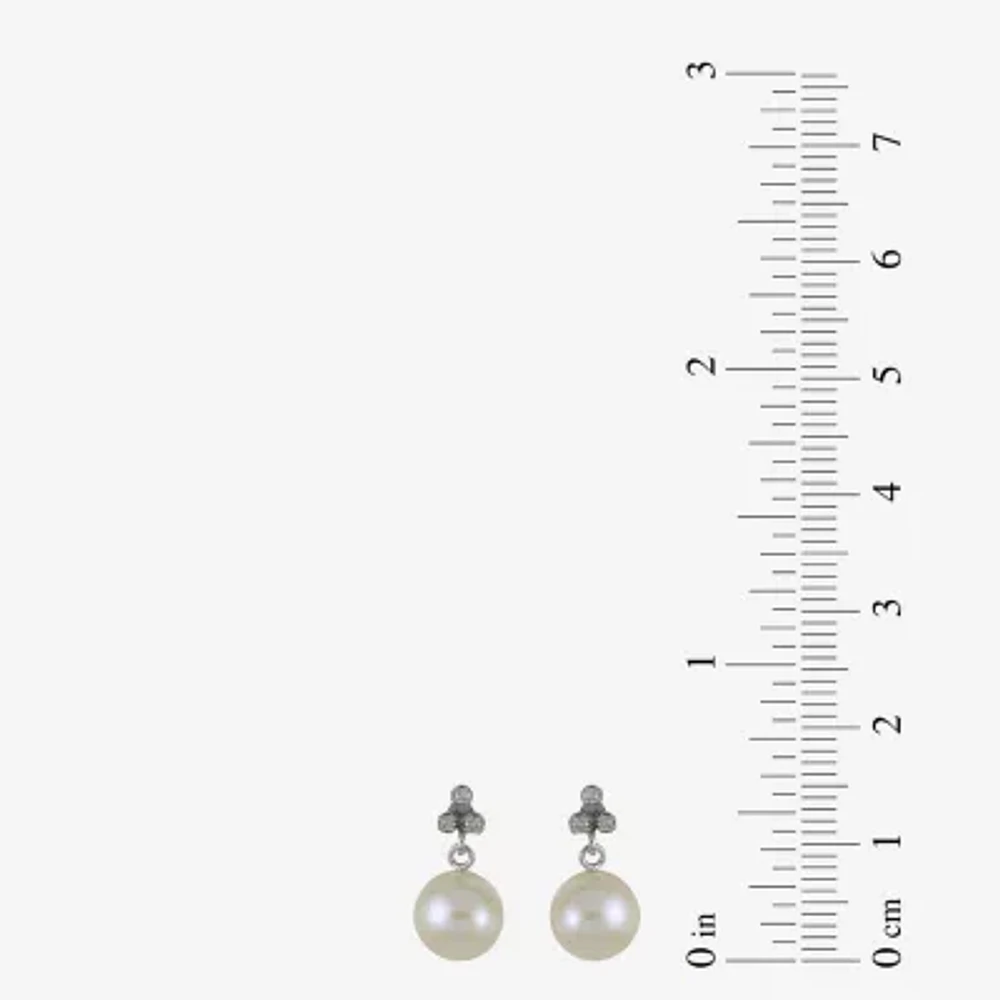 Diamond Accent White Cultured Freshwater Pearl 10K White Gold Ball Drop Earrings