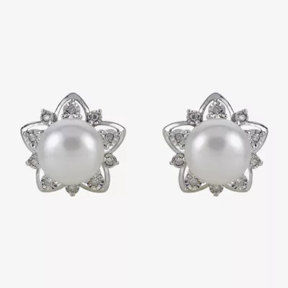 8-9Mm Cultured Freshwater Button Pearl And Diamond Accent Sterling Silver Earrings