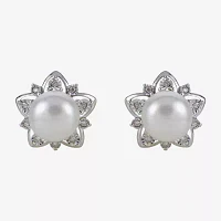 8-9Mm Cultured Freshwater Button Pearl And Diamond Accent Sterling Silver Earrings