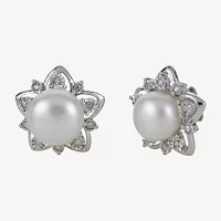 8-9Mm Cultured Freshwater Button Pearl And Diamond Accent Sterling Silver Earrings